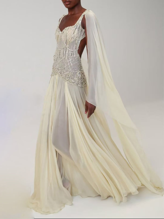 Luxury Yellow Beaded A Line Evening Dress with Cape LA73836 SERENE HILL