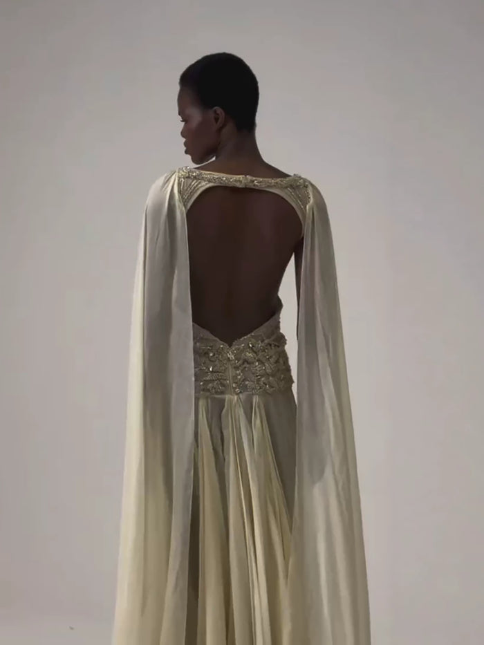 Luxury Yellow Beaded A Line Evening Dress with Cape LA73836 SERENE HILL