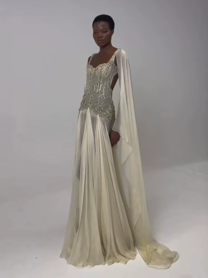 Luxury Yellow Beaded A Line Evening Dress with Cape LA73836 SERENE HILL