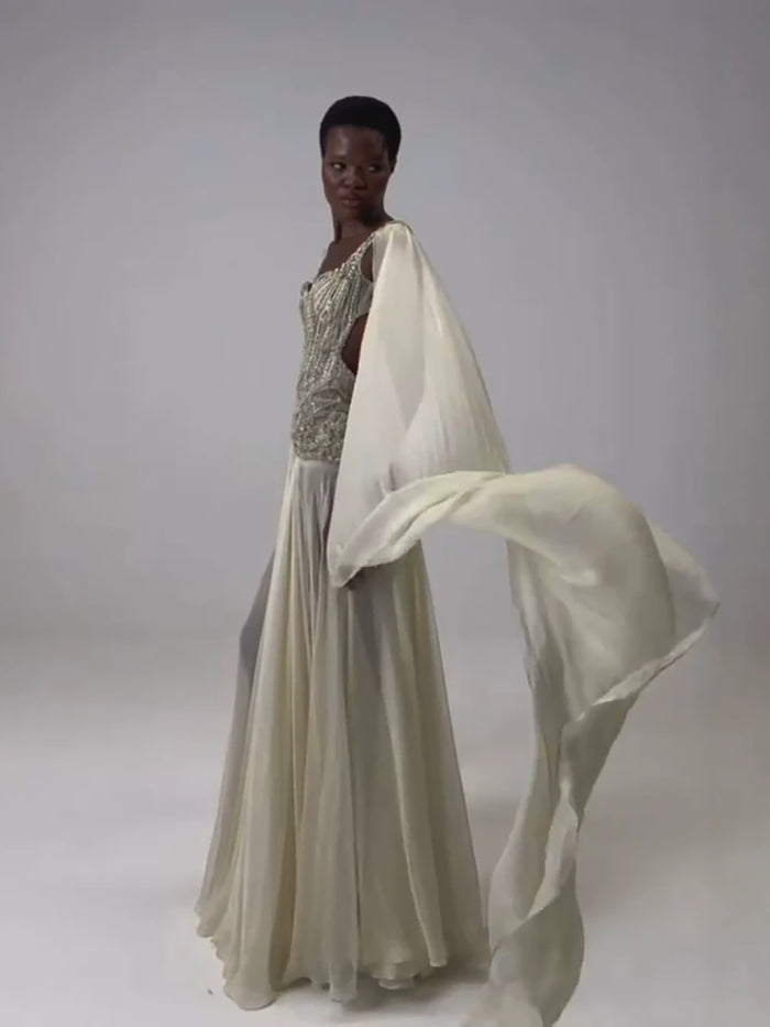 Luxury Yellow Beaded A Line Evening Dress with Cape LA73836 SERENE HILL