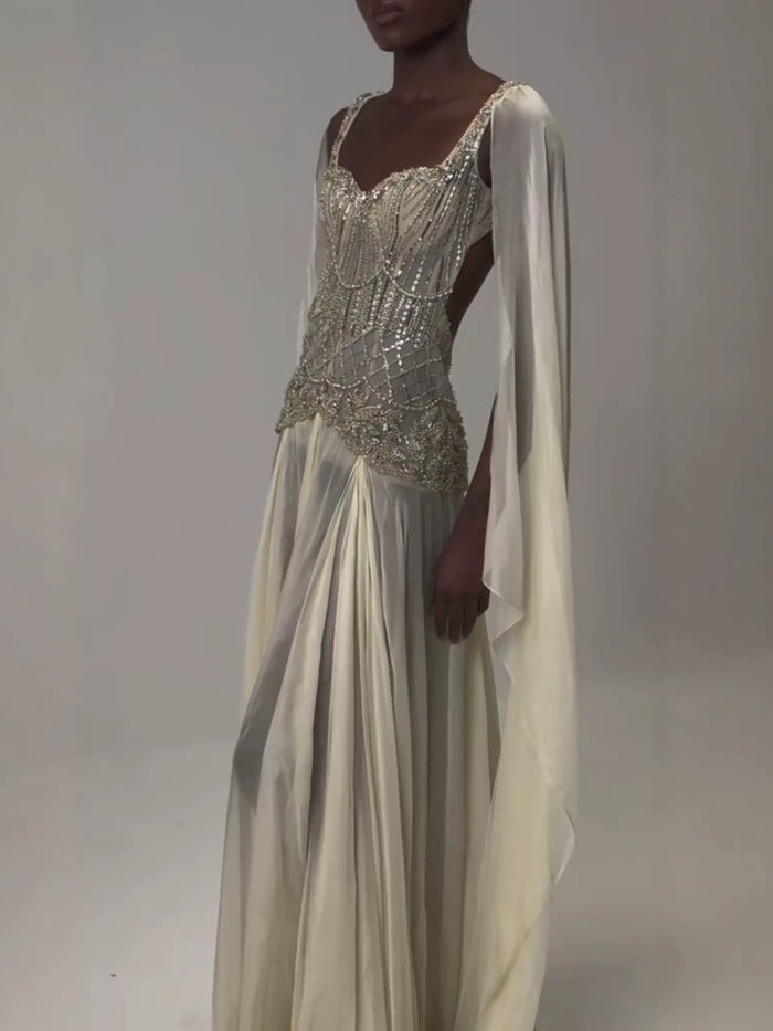Luxury Yellow Beaded A Line Evening Dress with Cape LA73836 SERENE HILL