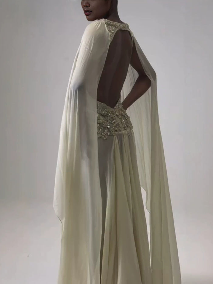 Luxury Yellow Beaded A Line Evening Dress with Cape LA73836 SERENE HILL