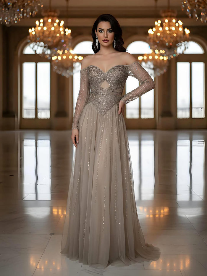 Luxury Caramel Beaded A-Line Evening Dress Long Sleeves LA73038A