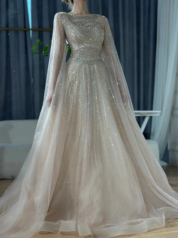 Dubai Caramel A-Line Beaded Evening Dress with Cape Sleeves LA72799 - SERENE HILL