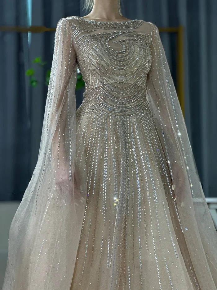 Dubai Caramel A-Line Beaded Evening Dress with Cape Sleeves LA72799 - SERENE HILL