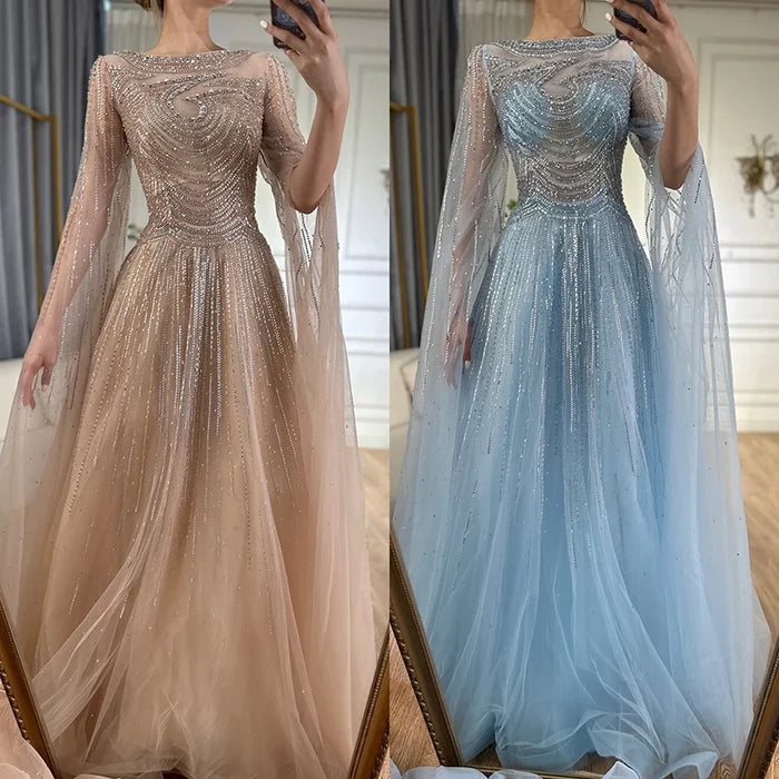 Dubai Caramel A-Line Beaded Evening Dress with Cape Sleeves LA72799 - SERENE HILL