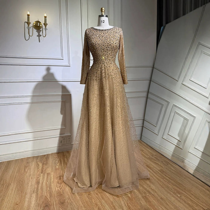 Luxury Caramel Beaded Long Sleeve A-Line Evening Dress LA72147D SERENE HILL