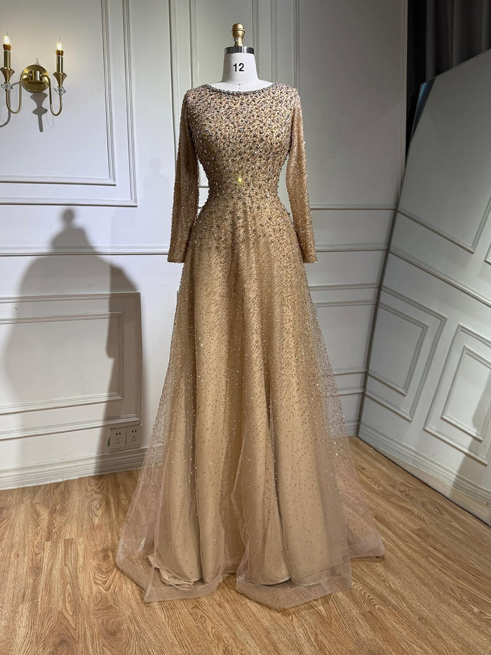 Luxury Caramel Beaded Long Sleeve A-Line Evening Dress LA72147D SERENE HILL