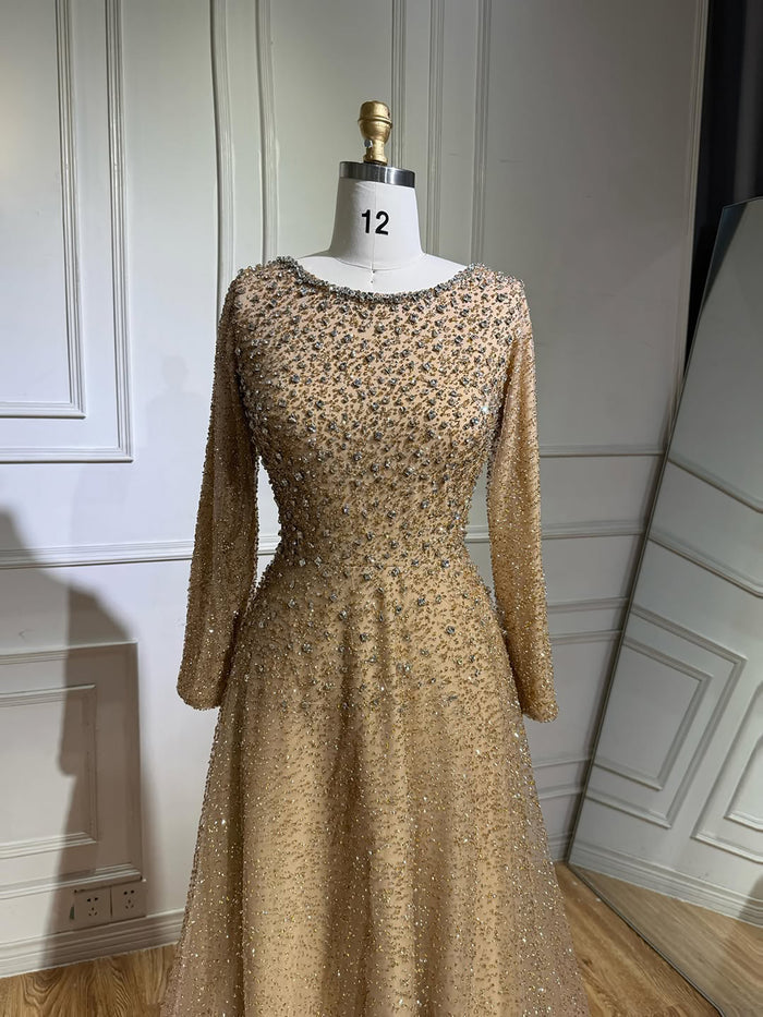 Luxury Caramel Beaded Long Sleeve A-Line Evening Dress LA72147D SERENE HILL