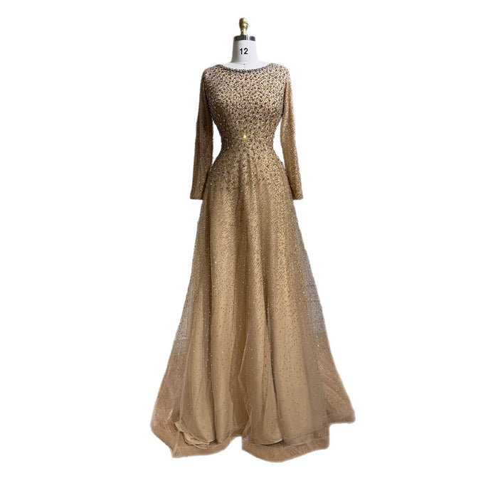 Luxury Caramel Beaded Long Sleeve A-Line Evening Dress LA72147D SERENE HILL