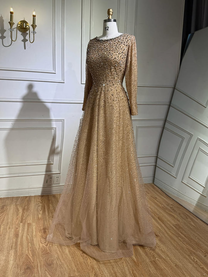 Luxury Caramel Beaded Long Sleeve A-Line Evening Dress LA72147D SERENE HILL
