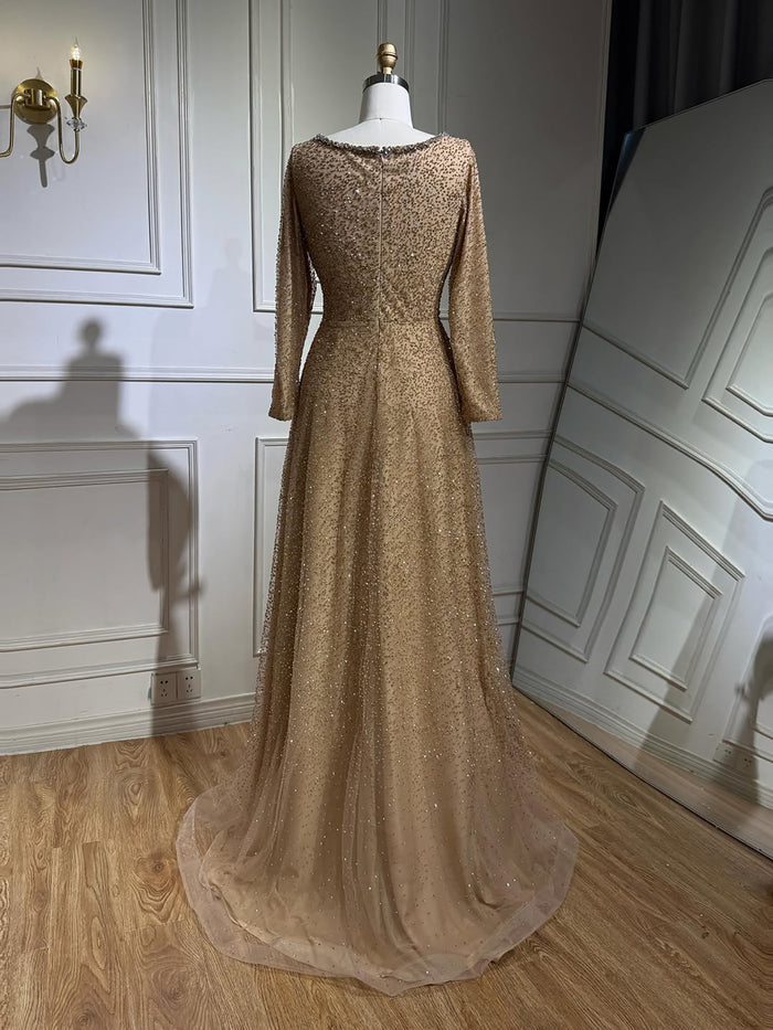 Luxury Caramel Beaded Long Sleeve A-Line Evening Dress LA72147D SERENE HILL