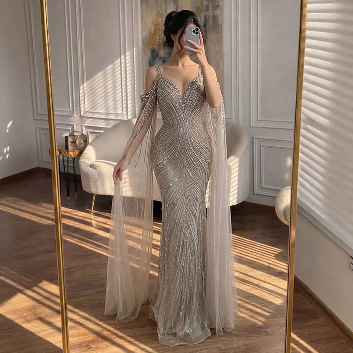 Luxury Pink Beaded Mermaid Evening Dress With Cape Sleeves LA73210 SERENE HILL