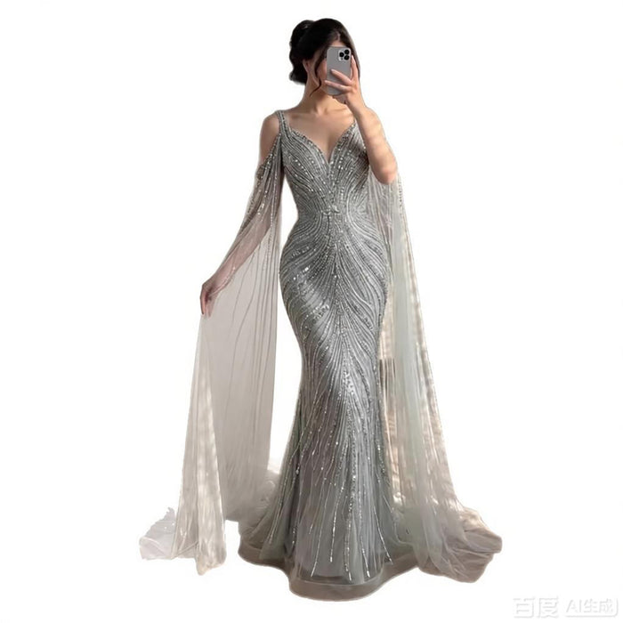 Luxury Pink Beaded Mermaid Evening Dress With Cape Sleeves LA73210 SERENE HILL