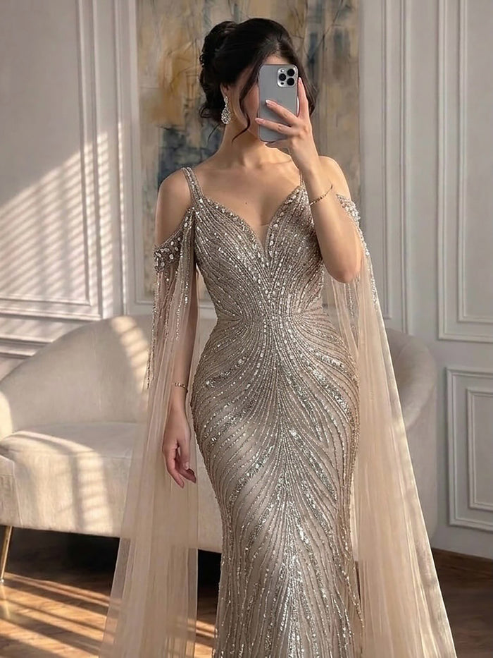 Luxury Pink Beaded Mermaid Evening Dress With Cape Sleeves LA73210A SERENE HILL