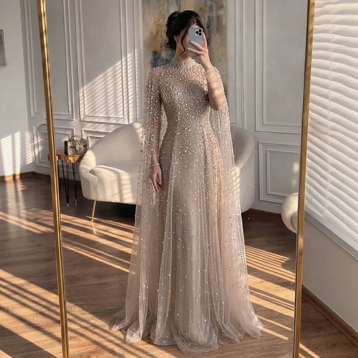 Luxury Caramel Crystal Beaded Cape Sleeves A Line Dress LA73755 SERENE HILL