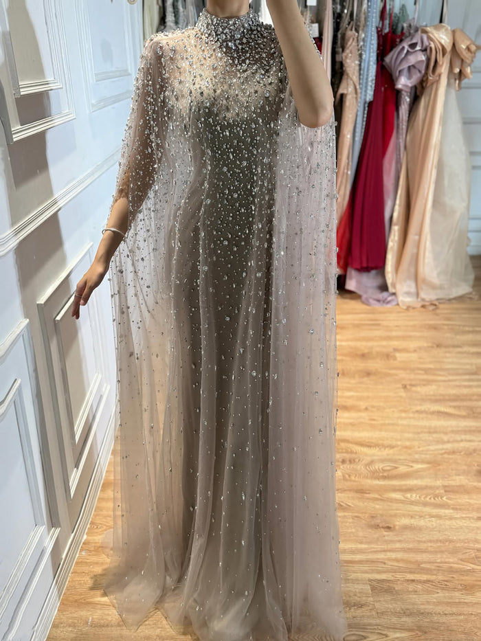 Luxury Caramel Crystal Beaded Cape Sleeves A Line Dress LA73755 SERENE HILL