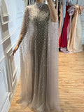 Luxury Caramel Crystal Beaded Cape Sleeves A Line Dress LA73755 SERENE HILL