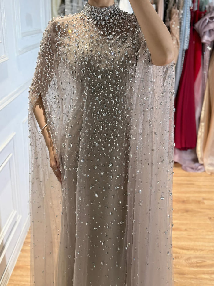 Luxury Caramel Crystal Beaded Cape Sleeves A Line Dress LA73755 SERENE HILL