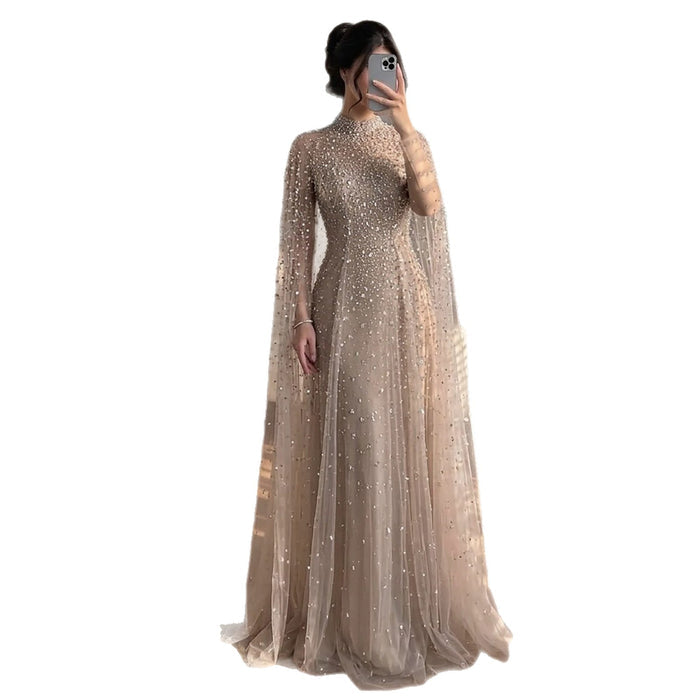 Luxury Caramel Crystal Beaded Cape Sleeves A Line Dress LA73755 SERENE HILL