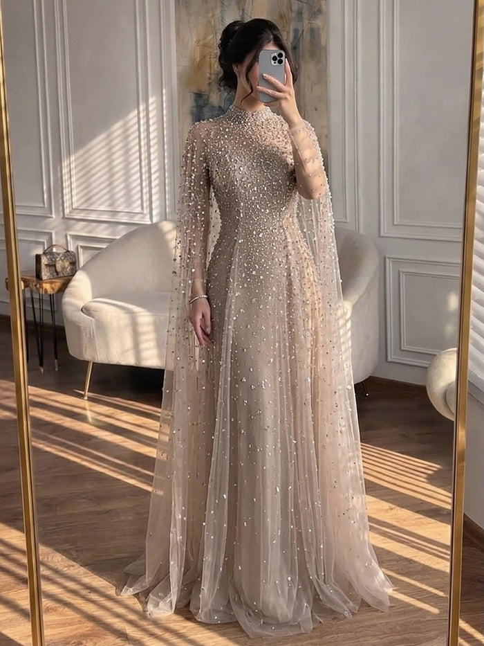Luxury Caramel Crystal Beaded Cape Sleeves A Line Dress LA73755 SERENE HILL