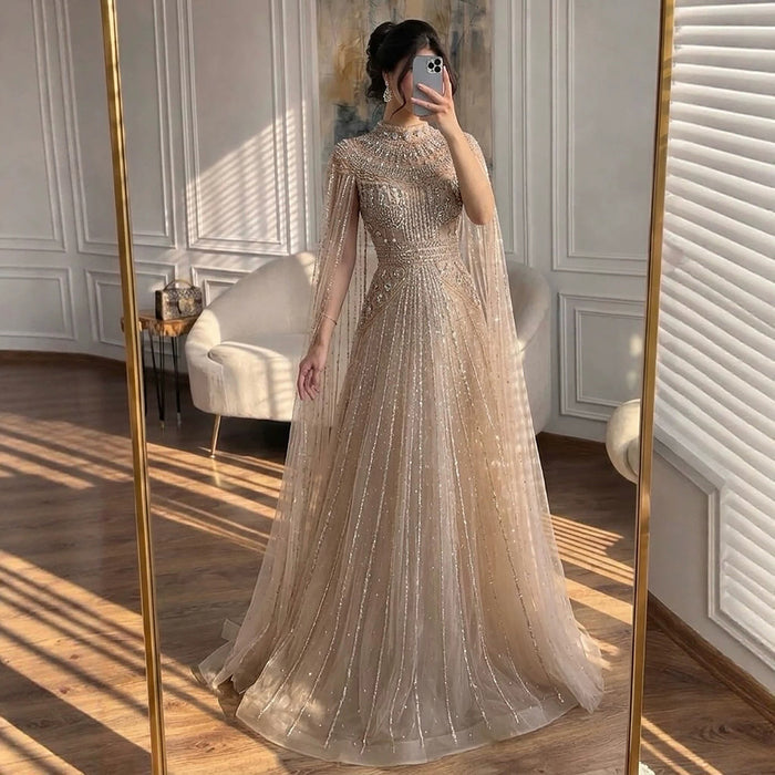 Luxury Caramel Crystal Beaded Cape Sleeves A-Line Dress LA73756 SERENE HILL