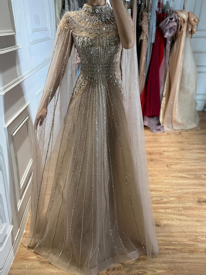 Luxury Caramel Crystal Beaded Cape Sleeves A-Line Dress LA73756 SERENE HILL