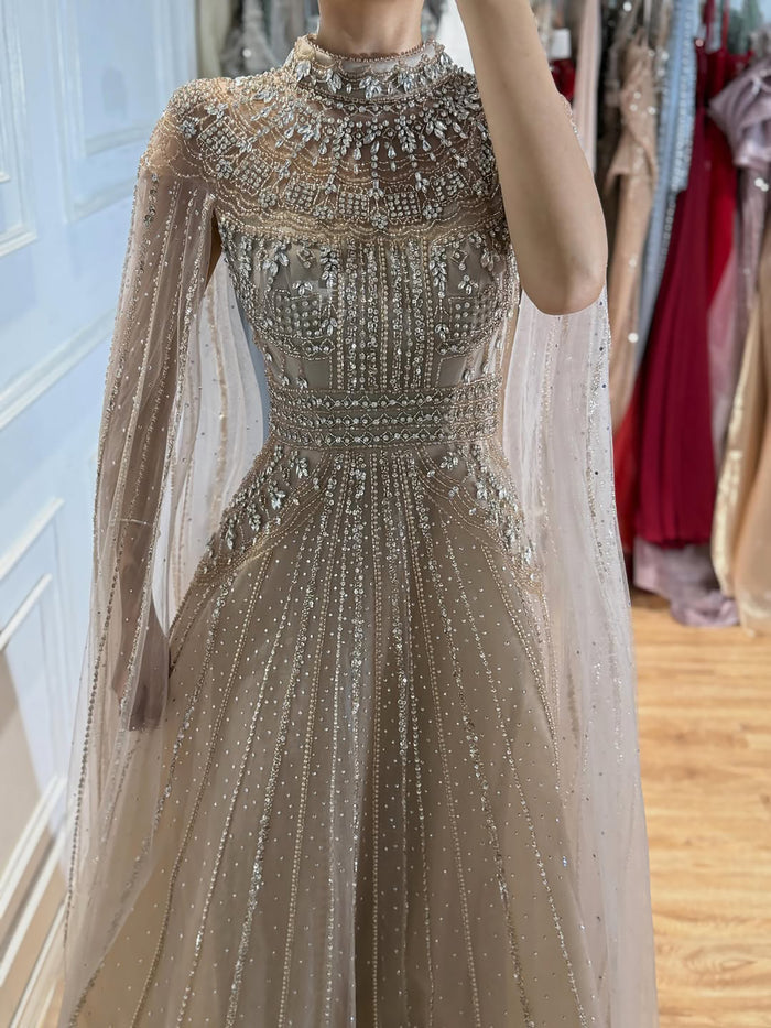 Luxury Caramel Crystal Beaded Cape Sleeves A-Line Dress LA73756 SERENE HILL