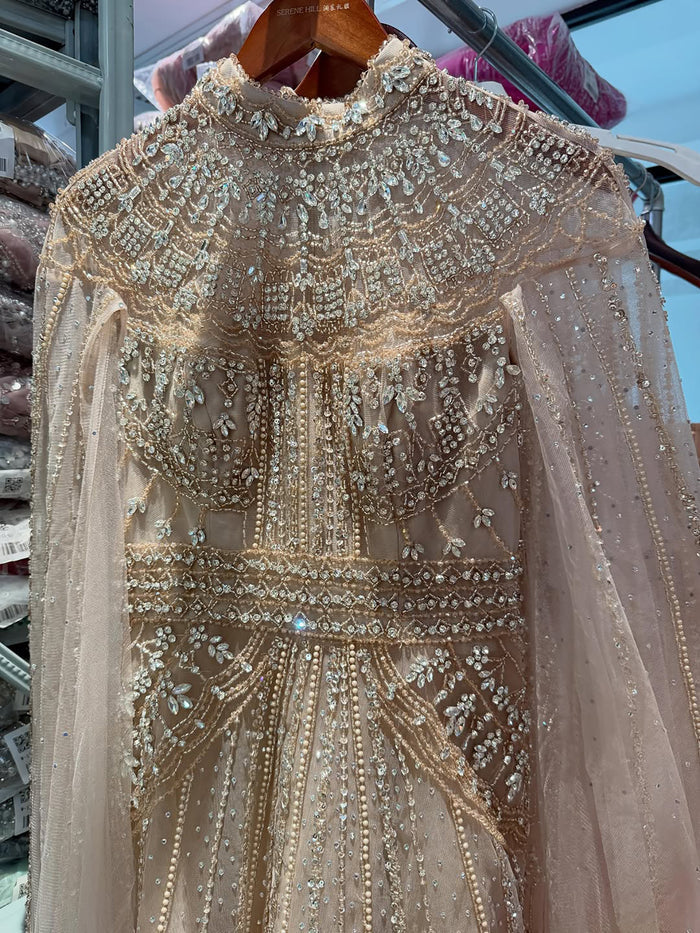 Luxury Caramel Crystal Beaded Cape Sleeves A-Line Dress LA73756 SERENE HILL
