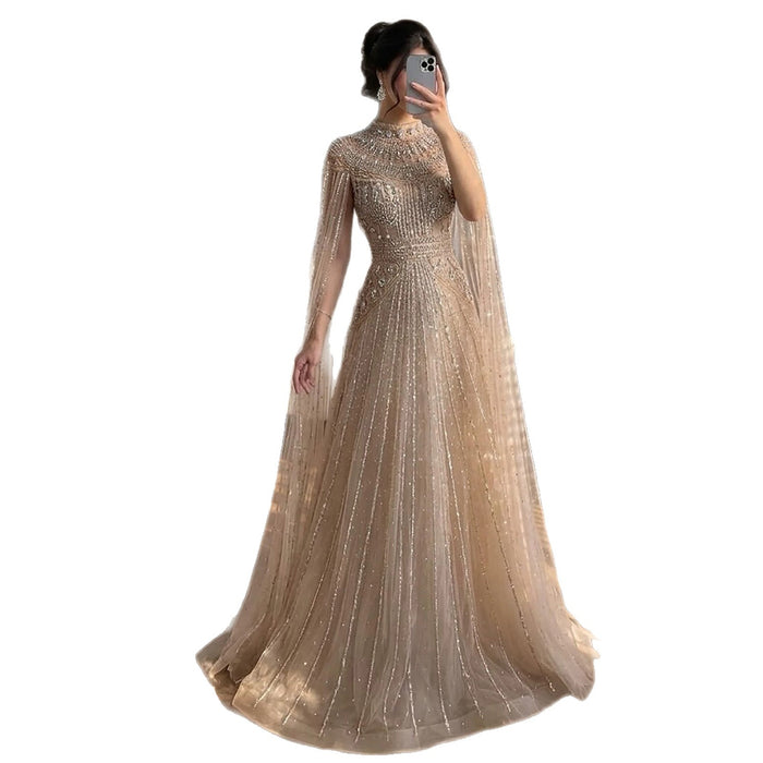 Luxury Caramel Crystal Beaded Cape Sleeves A-Line Dress LA73756 SERENE HILL