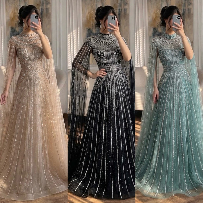 Luxury Caramel Crystal Beaded Cape Sleeves A-Line Dress LA73756 SERENE HILL