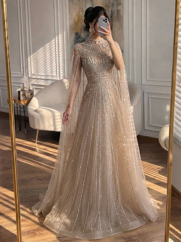 Luxury Caramel Crystal Beaded Cape Sleeves A-Line Dress LA73756 SERENE HILL
