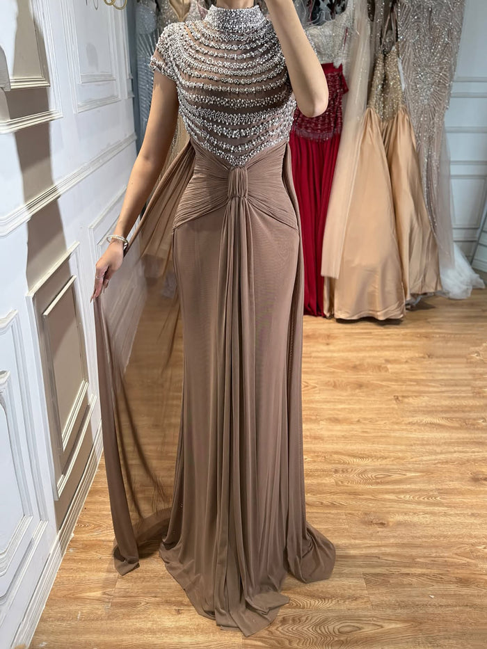 Luxury Caramel High-Neck Beaded Ruched Mermaid Evening Dress LA73825 SERENE HILL