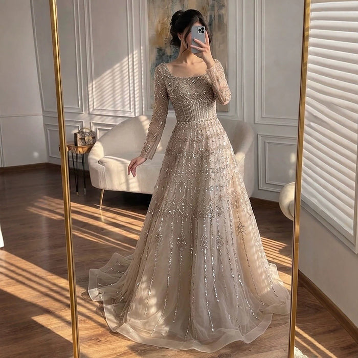 Luxury Caramel Square Neck Beaded A Line Evening Dress with Long Sleeves LA73089B