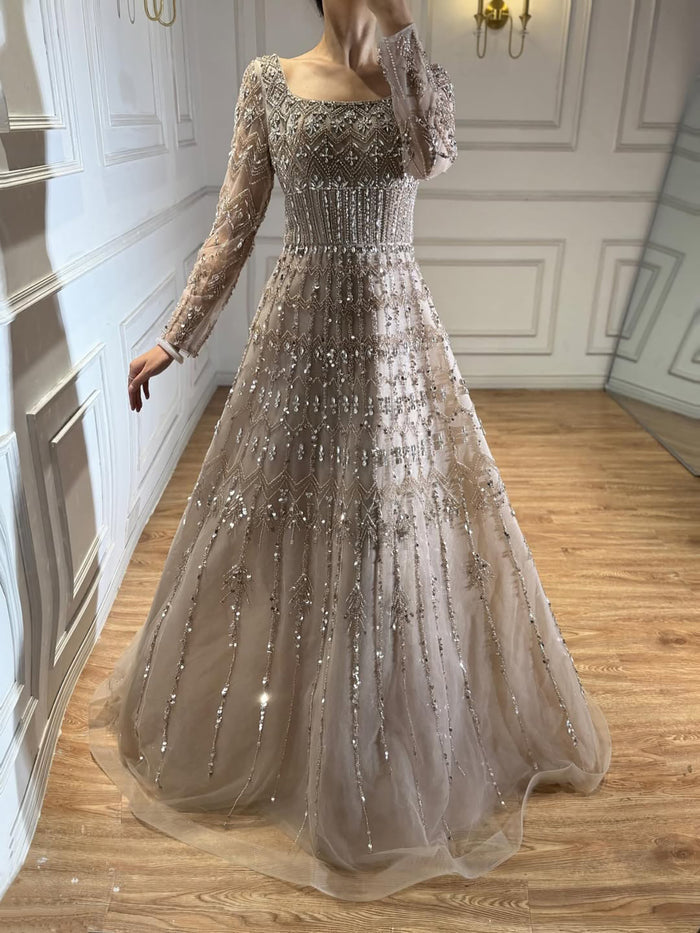 Luxury Caramel Square Neck Beaded A Line Evening Dress with Long Sleeves LA73089B