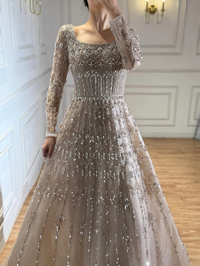 Luxury Caramel Square Neck Beaded A Line Evening Dress with Long Sleeves LA73089B