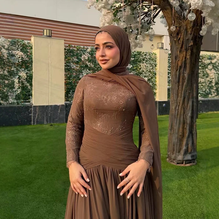 Luxury Coffee Muslim Long Sleeve Beaded Lace A-Line Dress LA73862 SERENE HILL