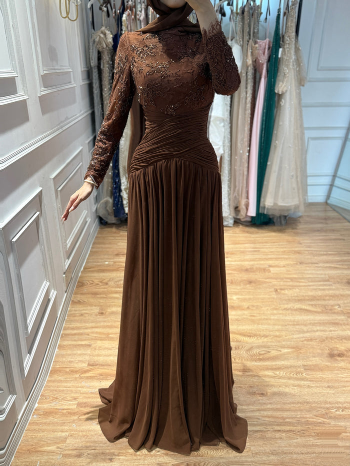 Luxury Coffee Muslim Long Sleeve Beaded Lace A Line Dress LA73862 SERENE HILL
