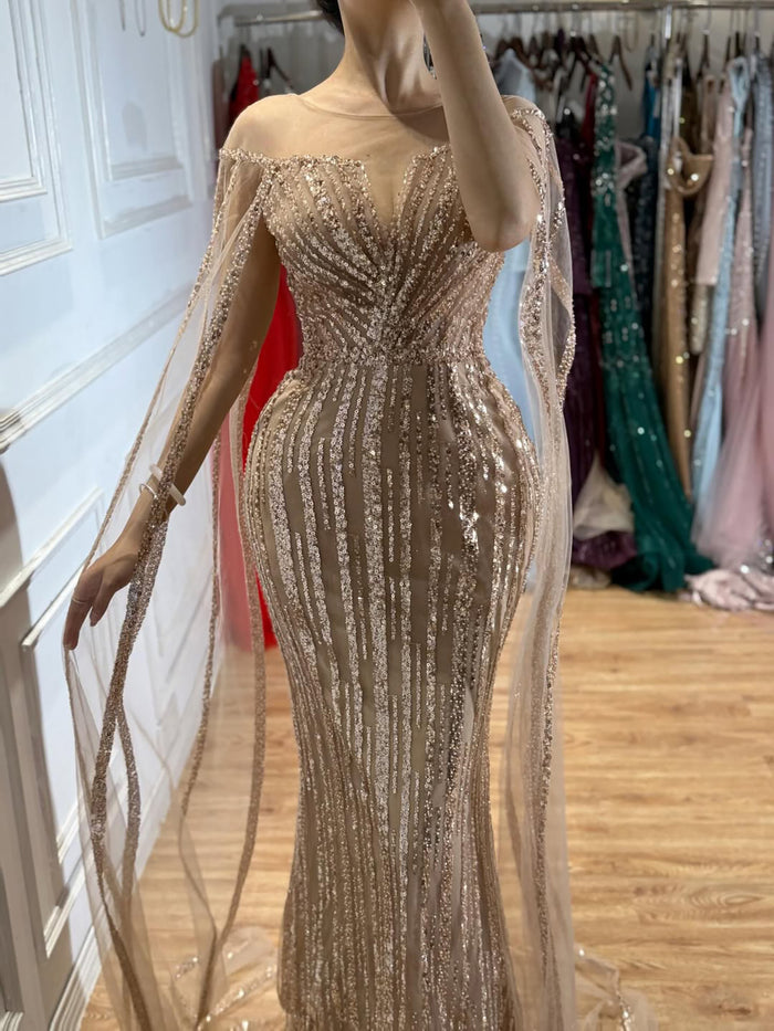 Luxury Gold Beaded Mermaid Evening Dress with Cape Sleeves LA73679