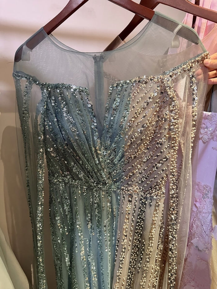 Luxury Gold Beaded Mermaid Evening Dress with Cape Sleeves LA73679