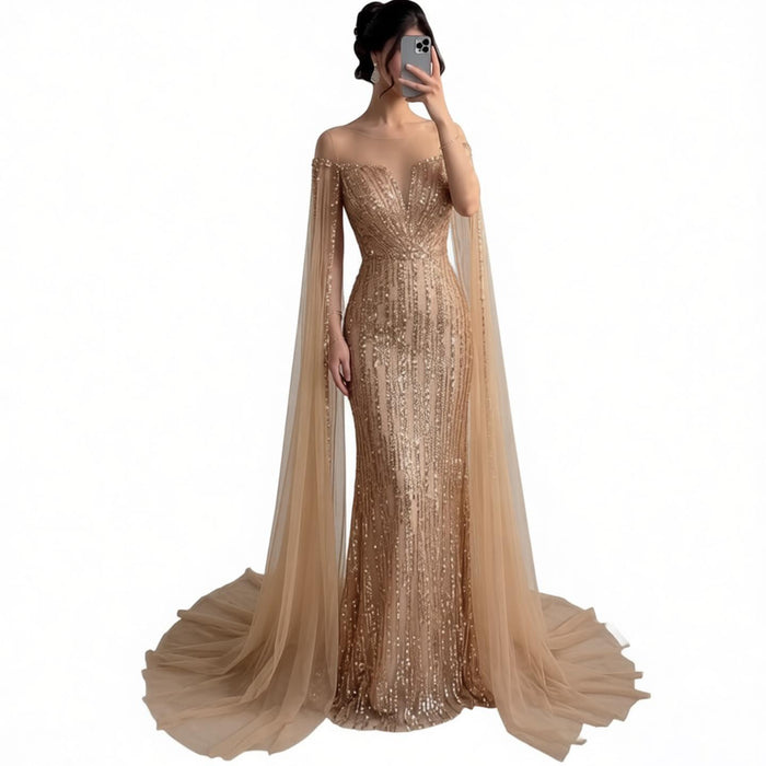Luxury Gold Beaded Mermaid Evening Dress with Cape Sleeves LA73679 - SERENE  HILL