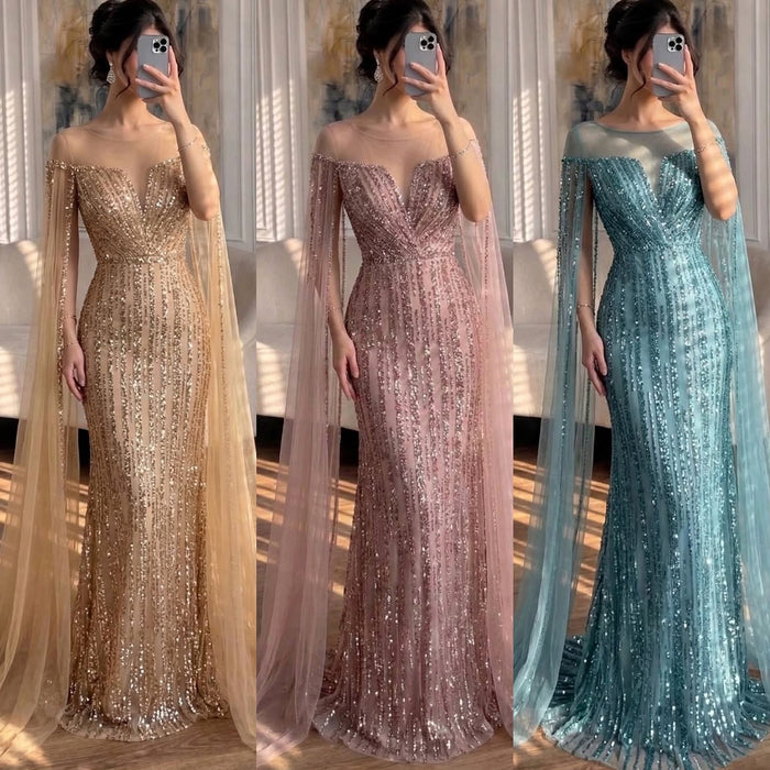 Luxury Gold Beaded Mermaid Evening Dress with Cape Sleeves LA73679 - SERENE  HILL