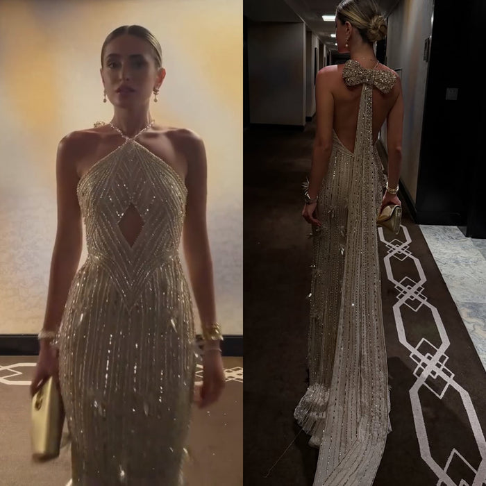Luxury Gold Halter Crystal Mermaid Evening Dress LA73687 - SERENE  HILL
