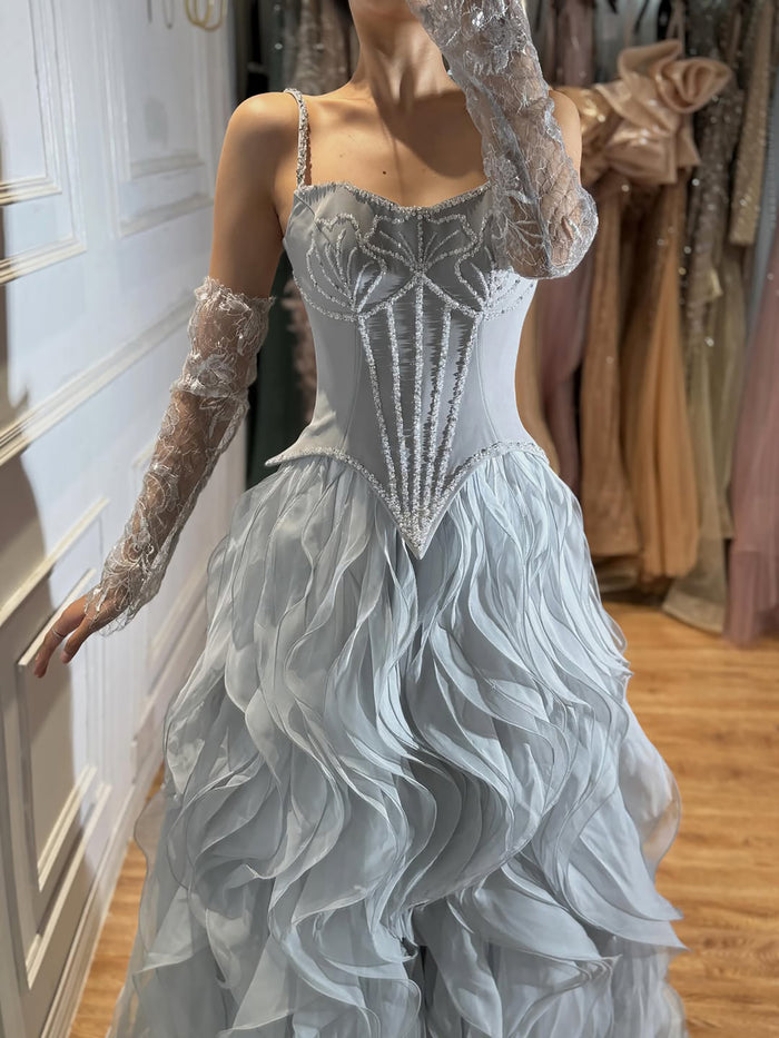 Luxury Gray Beaded Mermaid Corset Tulle Evening Dress With Gloves LA73368A SERENE HILL