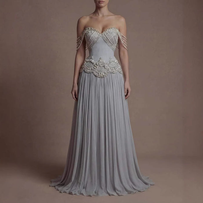 Luxury Gray Pearl Beaded Strapless A-Line Evening Dress LA73684 - SERENE  HILL