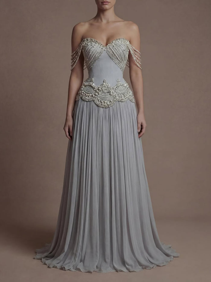 Luxury Gray Pearl Beaded Strapless A-Line Evening Dress LA73684 - SERENE  HILL