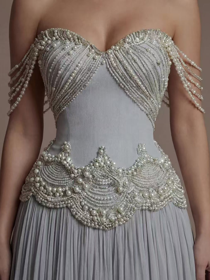 Luxury Gray Pearl Beaded Strapless A-Line Evening Dress LA73684 - SERENE  HILL