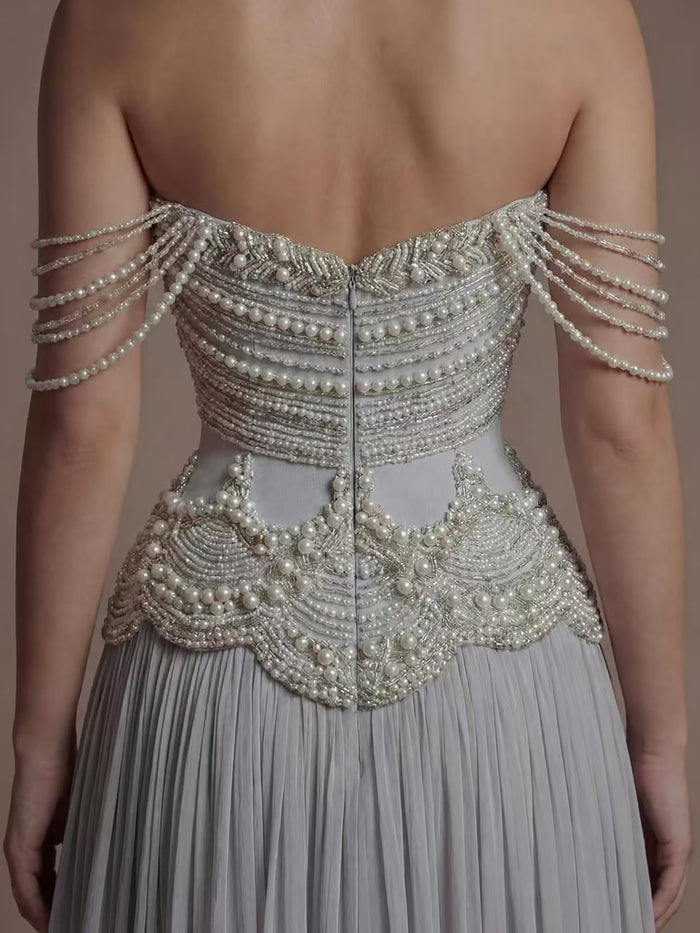 Luxury Gray Pearl Beaded Strapless A-Line Evening Dress LA73684 - SERENE  HILL
