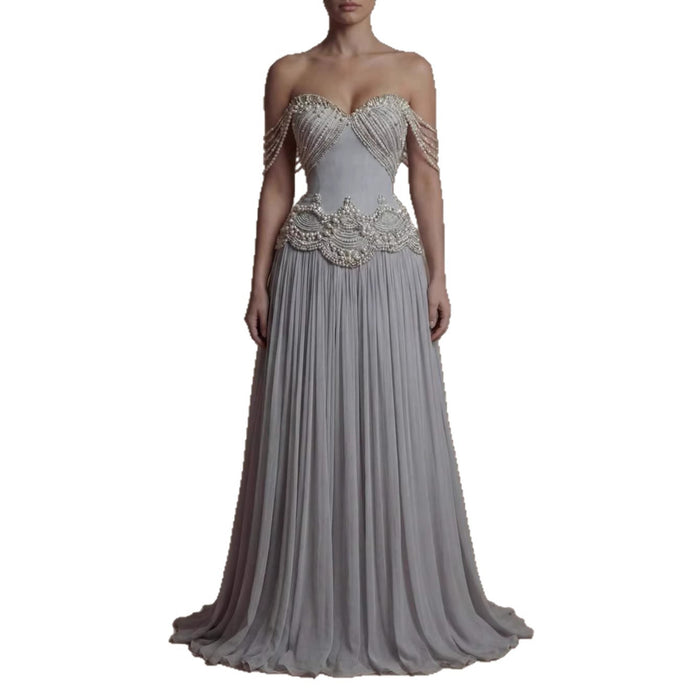 Luxury Gray Pearl Beaded Strapless A-Line Evening Dress LA73684 - SERENE  HILL