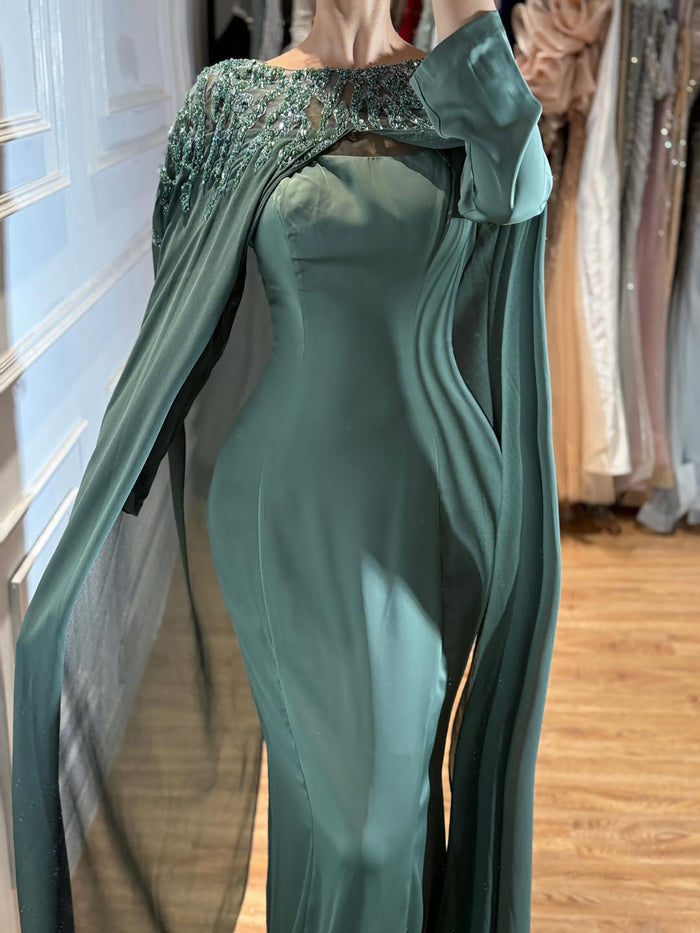 Luxury Green Beaded Cape Long Sleeve Satin Mermaid Dress LA73683 SERENE HILL